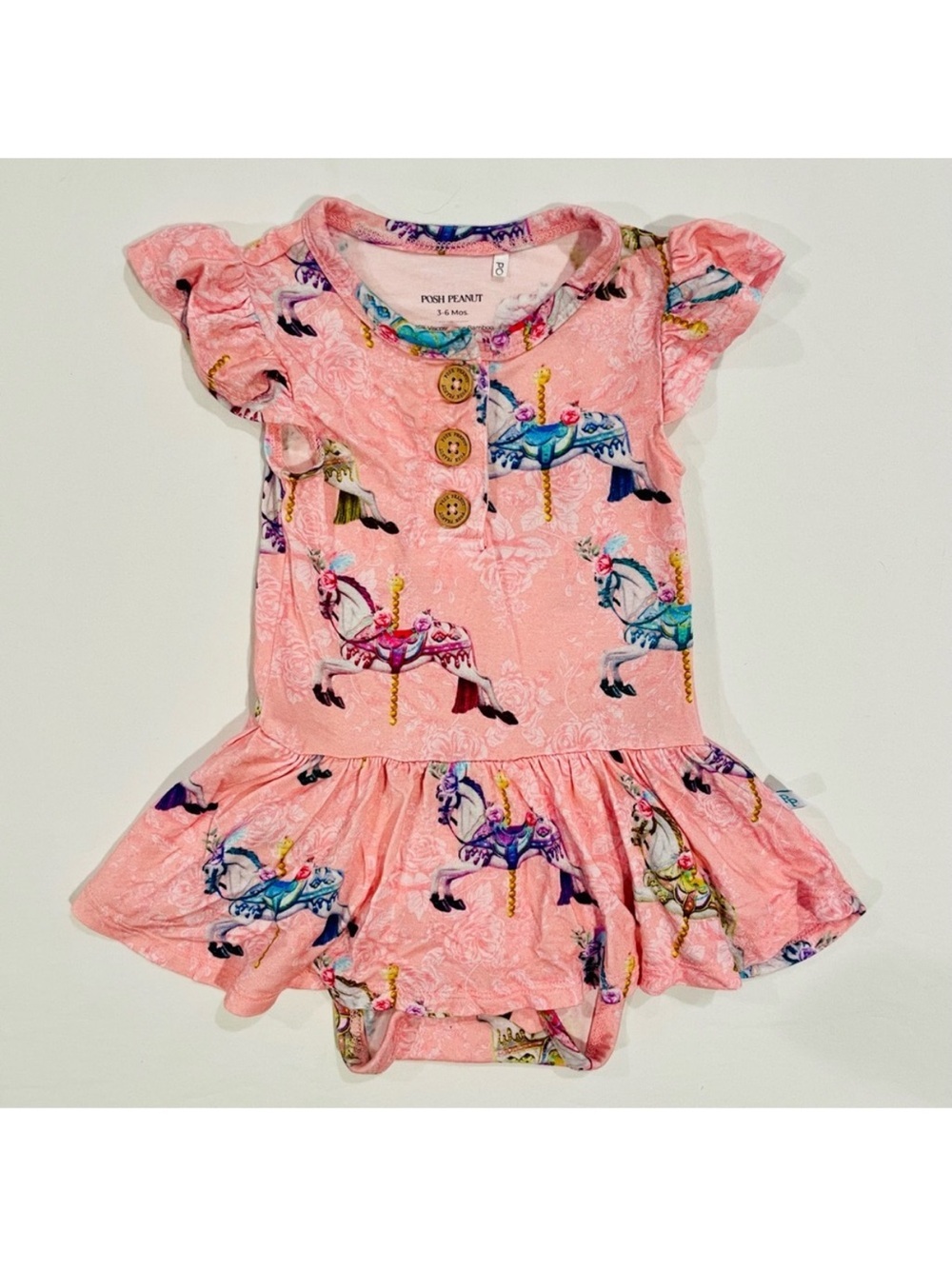 Posh Peanut Twirl Skirt Bodysuit Girls 3-6M Claudine Bamboo Carousel Horses Pink